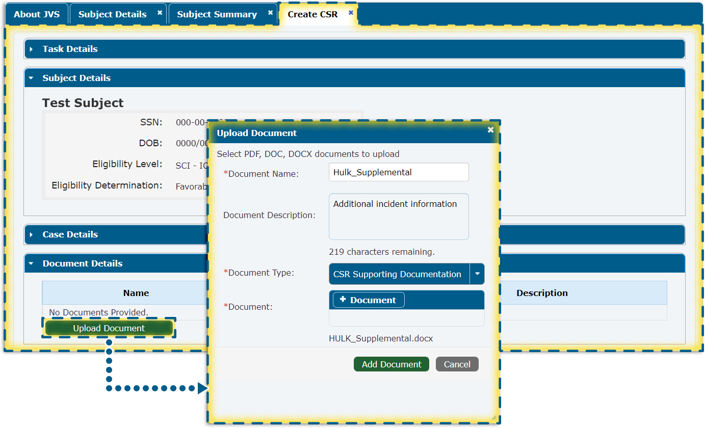 Document details section and upload document pop up window