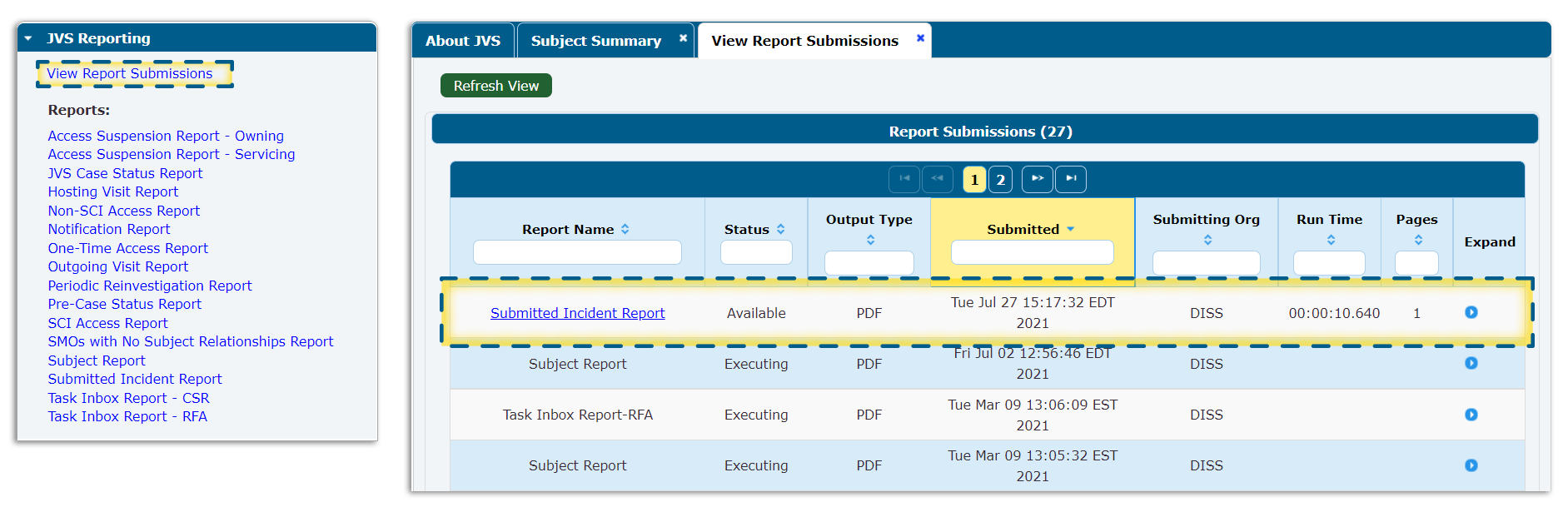 JVS Reporting Control Panel, View Report Submission tab with submitted incident report link highlighted