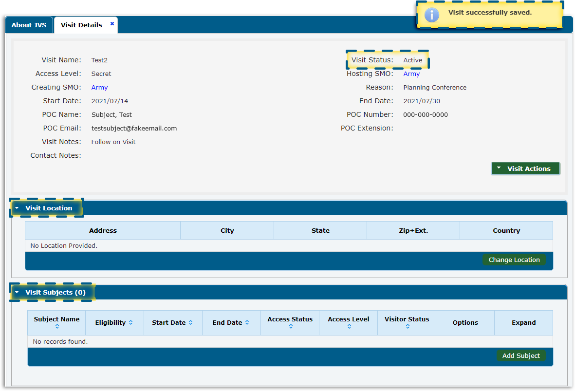 Visit Details tab with Visit successfully saved notification