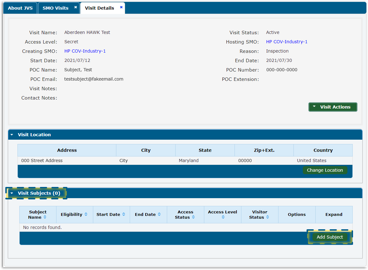 Visit Details tab with Visit Subjects section and Add Subject button highlighted