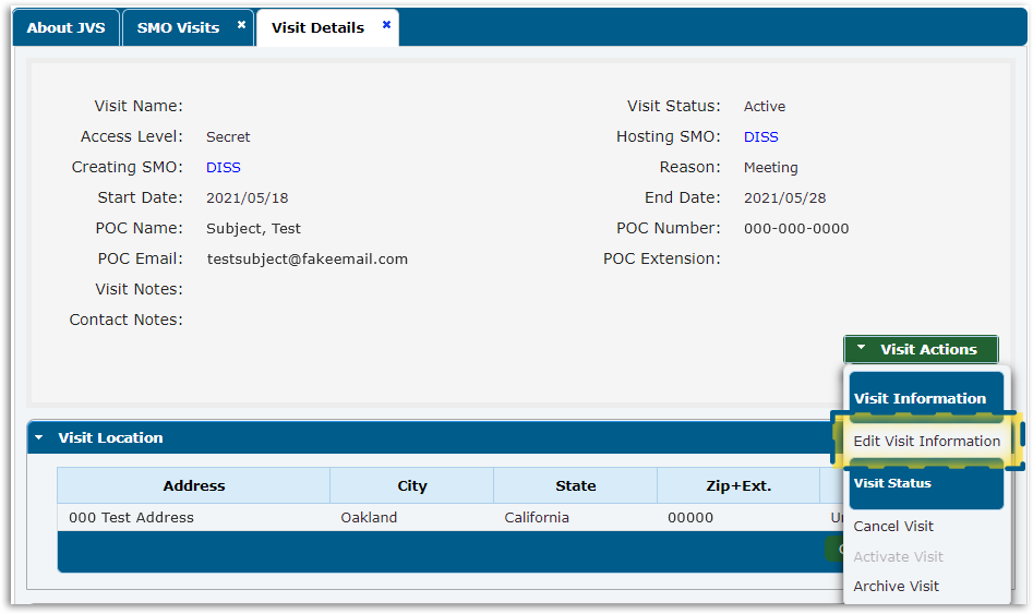 Visit Details tab. Also, Visit Actions drop down menu with Edit Visit Information item highlighted