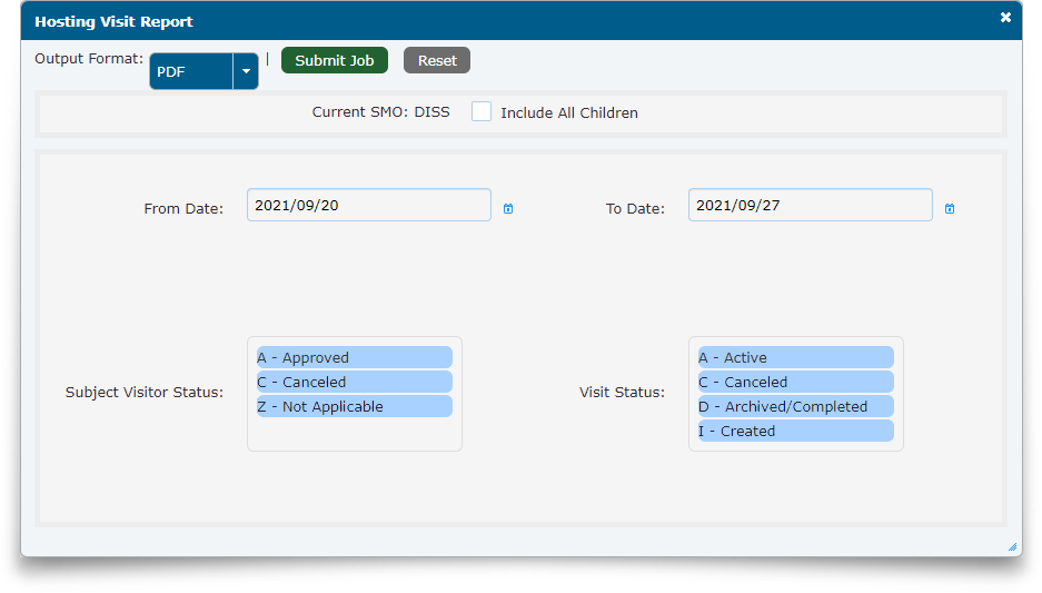 Host Visit Report parameter entry window