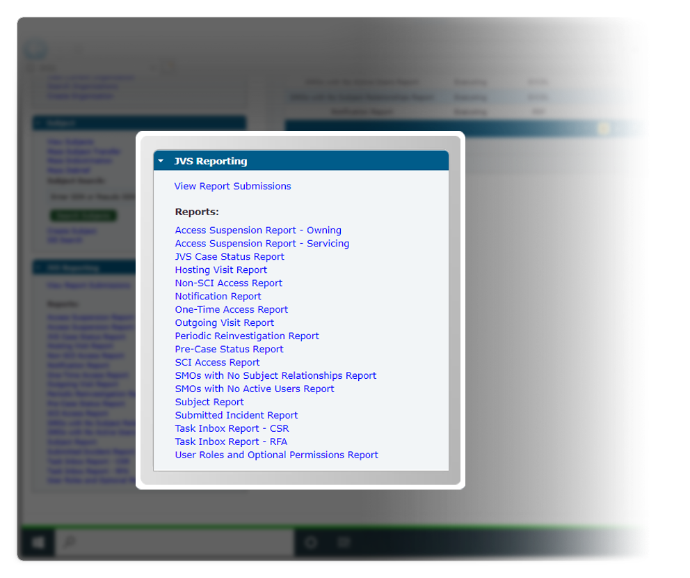 expanded JVS Reporting panel